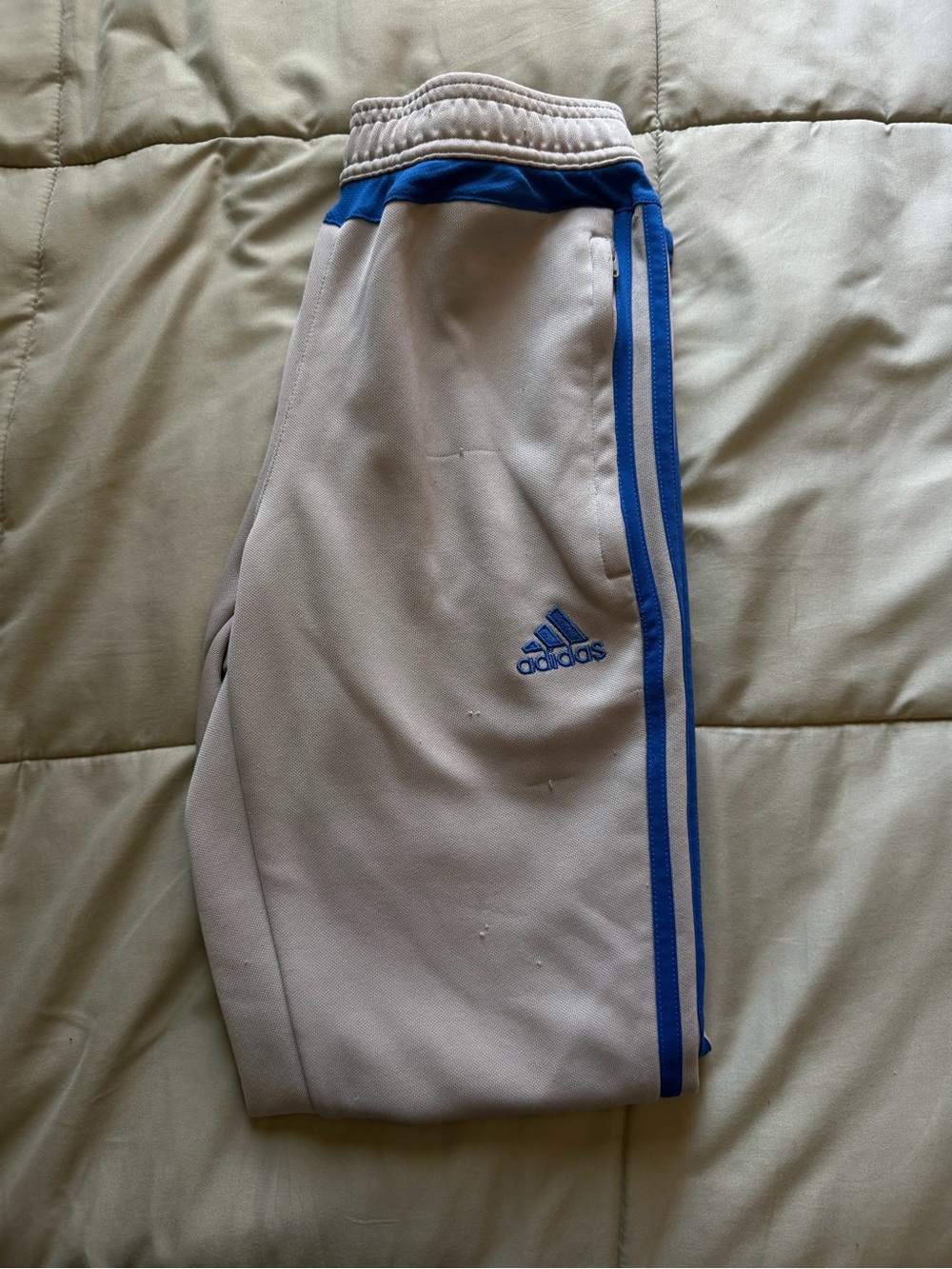 adidas Cream Track Pants with Blue Stripe Accents